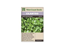 Sachet de coriandre West Coast Seeds sur fond blanc. La photographie centrale montre un feuillage vert découpé. Le bandeau mauve porte le nom CILANTRO, et la ligne foncée indique SANTO MONOGERM. La zone beige sous l’image contient un texte en anglais. Le sachet est présenté seul, de face, avec le logo vert dans sa partie supérieure.