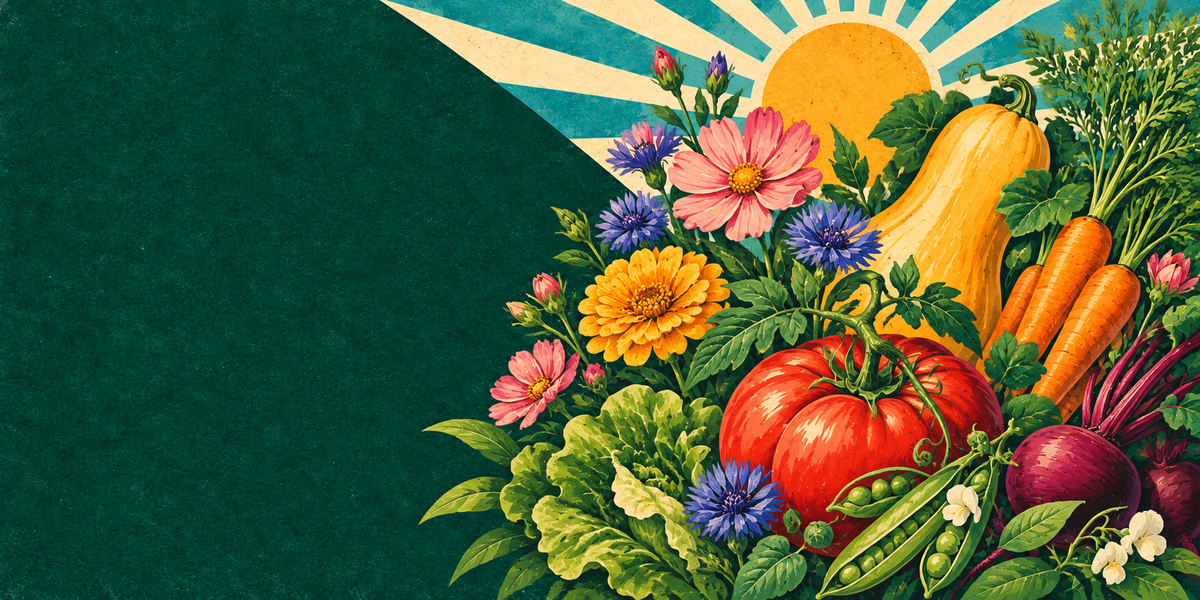 Fleurs, légumes et fines herbes disposés en chemin sur une table en bois, avec des semences.