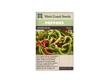 Sachet West Coast Seeds de piment Pepperoncini, avec bandeau vert et nom de la variété sur une ligne foncée. La photo montre un tas de petits fruits allongés, courbés et parfois tordus. La plupart sont vert clair, avec quelques fruits rouges entre eux. Un bloc de texte occupe le bas beige du sachet.