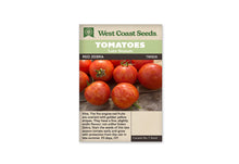 Sachet West Coast Seeds avec les mentions Tomatoes, Late Season et Red Zebra. La photo montre des tomates rondes rouges rayées de jaune orangé, posées sur des planches de bois. Certains fruits gardent un calice vert. Le nom de la variété et le code TM808 figurent sur une bande sombre sous les bandeaux verts.