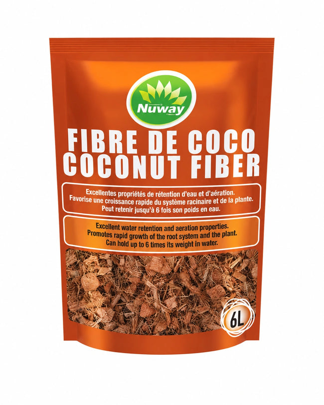 Sac de fibre de coco Nuway de 6 L dans son emballage orange sur fond blanc.