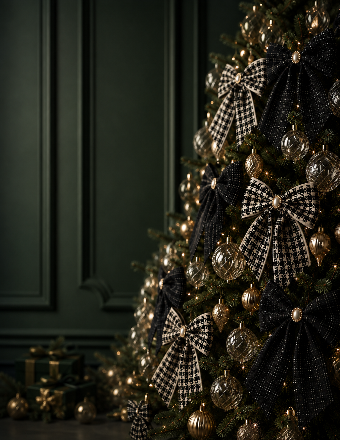 Un sapin aux ornements dorés et aux boucles noires, devant un mur vert profond