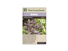 Sachet West Coast Seeds de Basilic ‘Purple Ruffles’, présenté de face sur fond blanc. La photographie centrale présente un basilic aux feuilles pourpres, pointues et très ondulées. Plusieurs marges découpées sont visibles, tandis qu’un feuillage plus clair apparaît à l’arrière-plan. Un bandeau mauve indique BASIL, au-dessus du nom imprimé sur fond foncé. Le bas beige contient un texte descriptif en anglais.