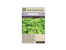 Sachet de cerfeuil West Coast Seeds vu de face sur fond blanc. La photo montre un feuillage vert clair, très découpé, qui occupe toute la partie centrale. Le bandeau mauve du haut porte le nom CHERVIL. Une ligne foncée sépare la photo de la zone beige du bas, où se trouve une description en anglais.