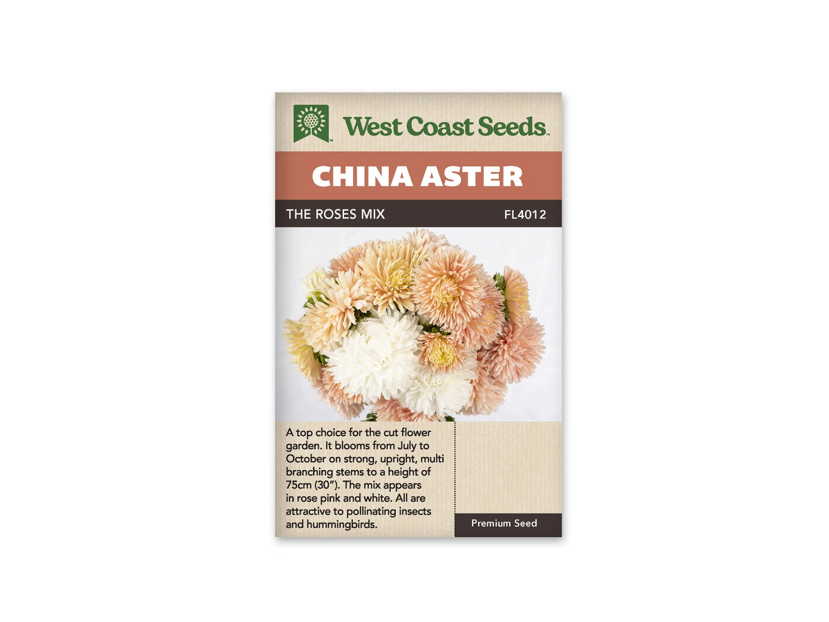 Sachet The Roses Mix de West Coast Seeds sur fond blanc. La photo présente un bouquet rond de fleurs très fournies, dans des tons crème, blanc et rose pêche pâle. Quelques feuilles vertes apparaissent entre les têtes. Le bandeau orangé indique China Aster; The Roses Mix et la référence FL4012 figurent dans la bande brune.
