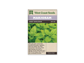Sachet de marjolaine douce West Coast Seeds présenté de face sur fond blanc. La photographie montre des feuilles vert clair ovales, rapprochées au sommet de petites tiges. Le bandeau mauve porte le nom MARJORAM, et SWEET MARJORAM apparaît sur la bande foncée. Une description en anglais se trouve dans la partie beige inférieure du sachet.