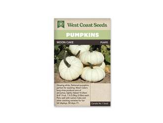 Sachet Moon Cake de West Coast Seeds avec un bandeau vert pâle et le nom sur fond sombre. Plusieurs citrouilles blanches aplaties, à côtes fines et à longs pédoncules verts, sont regroupées sur une terre sèche. Des feuilles vertes et brunies apparaissent autour des fruits. Sous la photo, une zone beige porte du texte.
