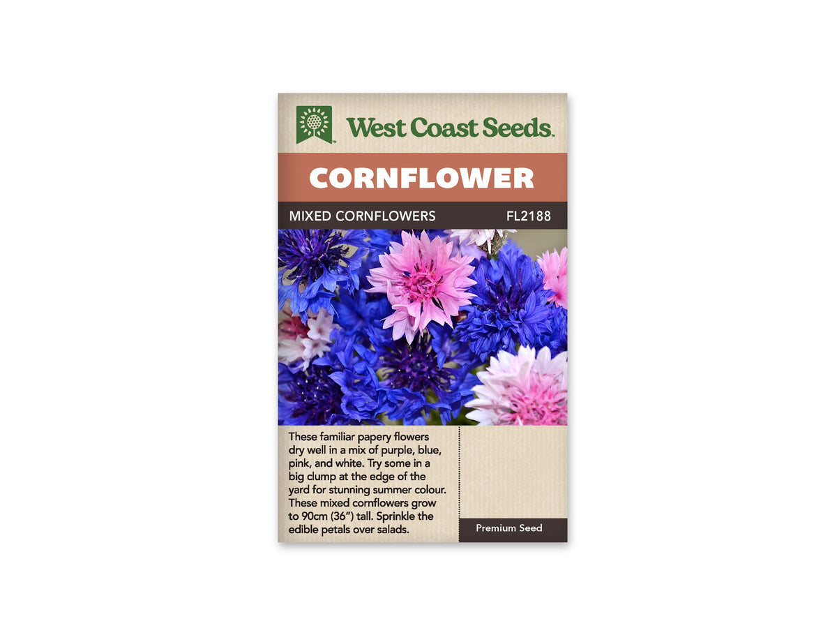 Sachet Mixed Cornflowers de West Coast Seeds sur fond blanc. La photo présente un groupe serré de fleurs bleues, roses et presque blanches, aux pétales fins et découpés. Plusieurs centres plus foncés sont visibles entre les pétales. Le bandeau orangé porte le mot Cornflower; le nom du mélange et la référence FL2188 apparaissent dans la bande brune.