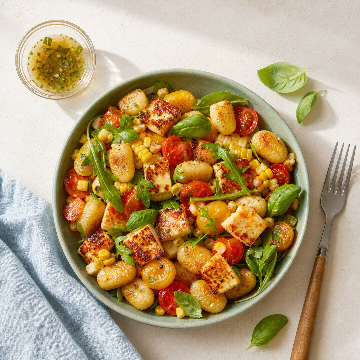 Roasted Gnocchi with Garden Tomatoes, Corn and Halloumi