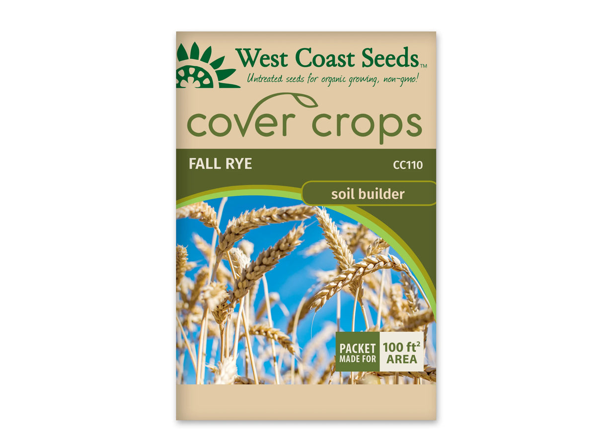 Sachet beige et vert West Coast Seeds de la gamme Cover Crops, portant le nom anglais Fall Rye et le code CC110. La photo centrale montre des épis dorés dressés ou légèrement inclinés devant un ciel bleu. Un encadré vert et blanc dans le coin inférieur droit annonce une couverture de 100 pieds carrés. Le sachet est présenté sur fond blanc.