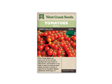 Sachet West Coast Seeds portant les noms Tomatoes, Cherry et Sweet Million. La photo est remplie de petites tomates rouges brillantes, encore attachées à leurs tiges vertes. Quelques fruits plus orangés apparaissent parmi les rouges. Le nom de la variété figure sur une bande foncée, sous le bandeau vert et le logo de la marque.