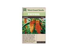 Sachet West Coast Seeds de poivron Oranos, avec un bandeau vert pâle marqué Peppers. La photo montre de longs fruits orange suspendus au plant, entourés de feuilles et de tiges vertes. Les poivrons se terminent en pointe. Le nom Oranos, le code PP653 et un logo biologique sont visibles sur le devant du sachet.