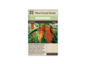 Sachet West Coast Seeds de poivron Oranos, avec un bandeau vert pâle marqué Peppers. La photo montre de longs fruits orange suspendus au plant, entourés de feuilles et de tiges vertes. Les poivrons se terminent en pointe. Le nom Oranos, le code PP653 et un logo biologique sont visibles sur le devant du sachet.