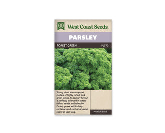 Sachet de persil Forest Green West Coast Seeds présenté de face sur fond blanc. La photographie montre un feuillage vert dense, formé de nombreux bouquets de feuilles finement frisées. Le bandeau mauve porte PARSLEY, et FOREST GREEN apparaît sur la bande foncée. Une description en anglais se trouve dans la partie beige inférieure du sachet.