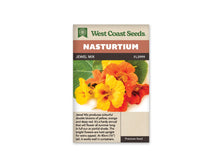 Sachet Jewel Mix de West Coast Seeds sur fond blanc. Des fleurs jaunes et orange, avec des marques rouges vers le centre, sont réunies devant des feuilles rondes vertes. Une fleur rouge apparaît à droite. Le bandeau orange indique Nasturtium; la bande brune porte Jewel Mix et FL2999. Le texte au bas du sachet décrit la variété.