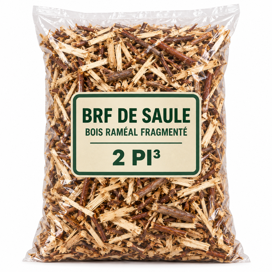 BRF de saule – bois raméal fragmenté – 2 pi³ sur fond blanc pur