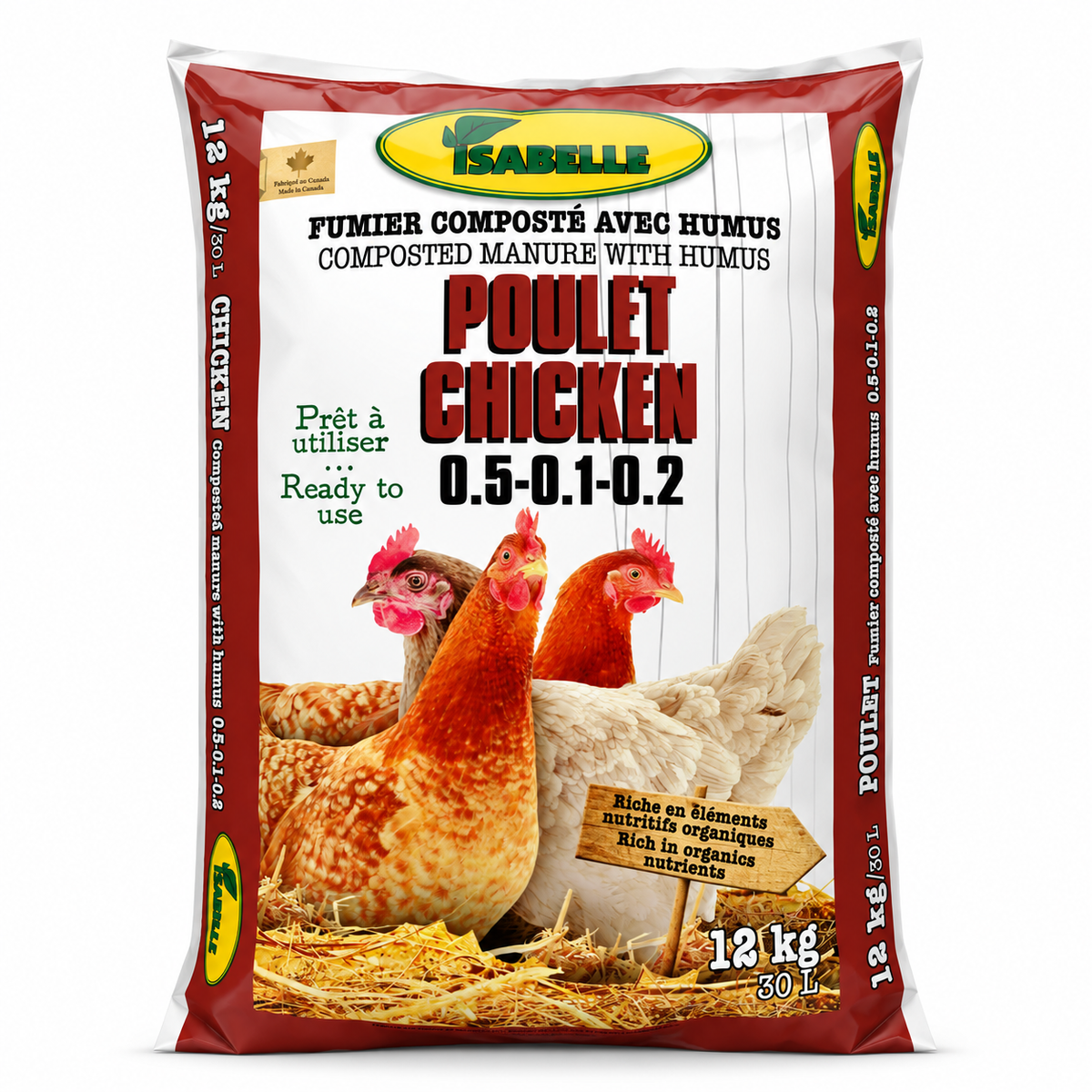 Fumier composté de poulet avec humus Isabelle – 30 L sur fond blanc pur