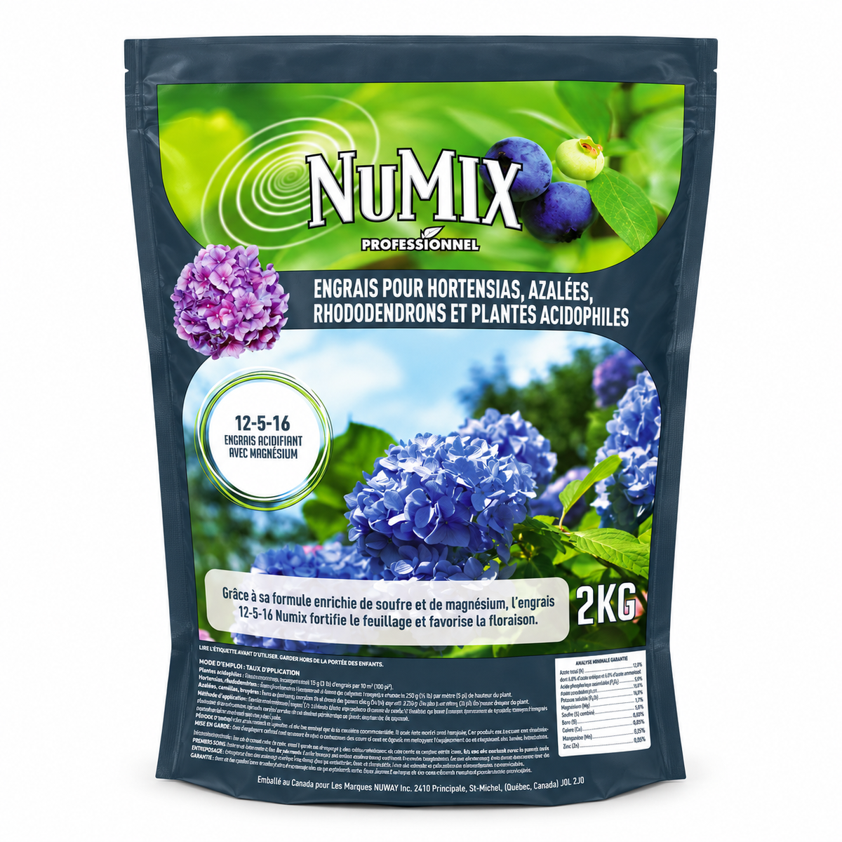 Engrais hortensias et plantes acidophiles NuMix 12-5-16 – 2 kg sur fond blanc pur