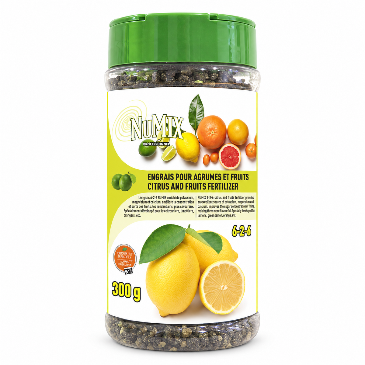 Engrais pour agrumes et fruits NuMix 6-2-6 – 300 g sur fond blanc pur