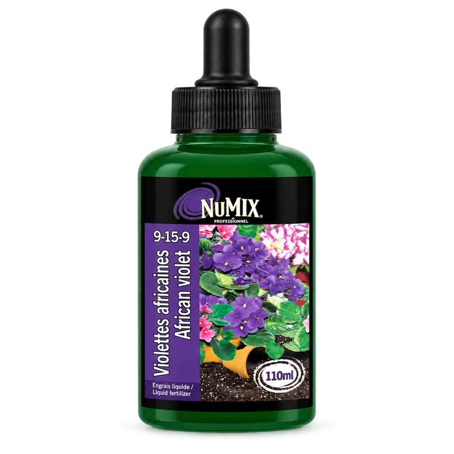 Engrais liquide pour violettes africaines NuMix 9-15-9 – 110 ml sur fond blanc pur