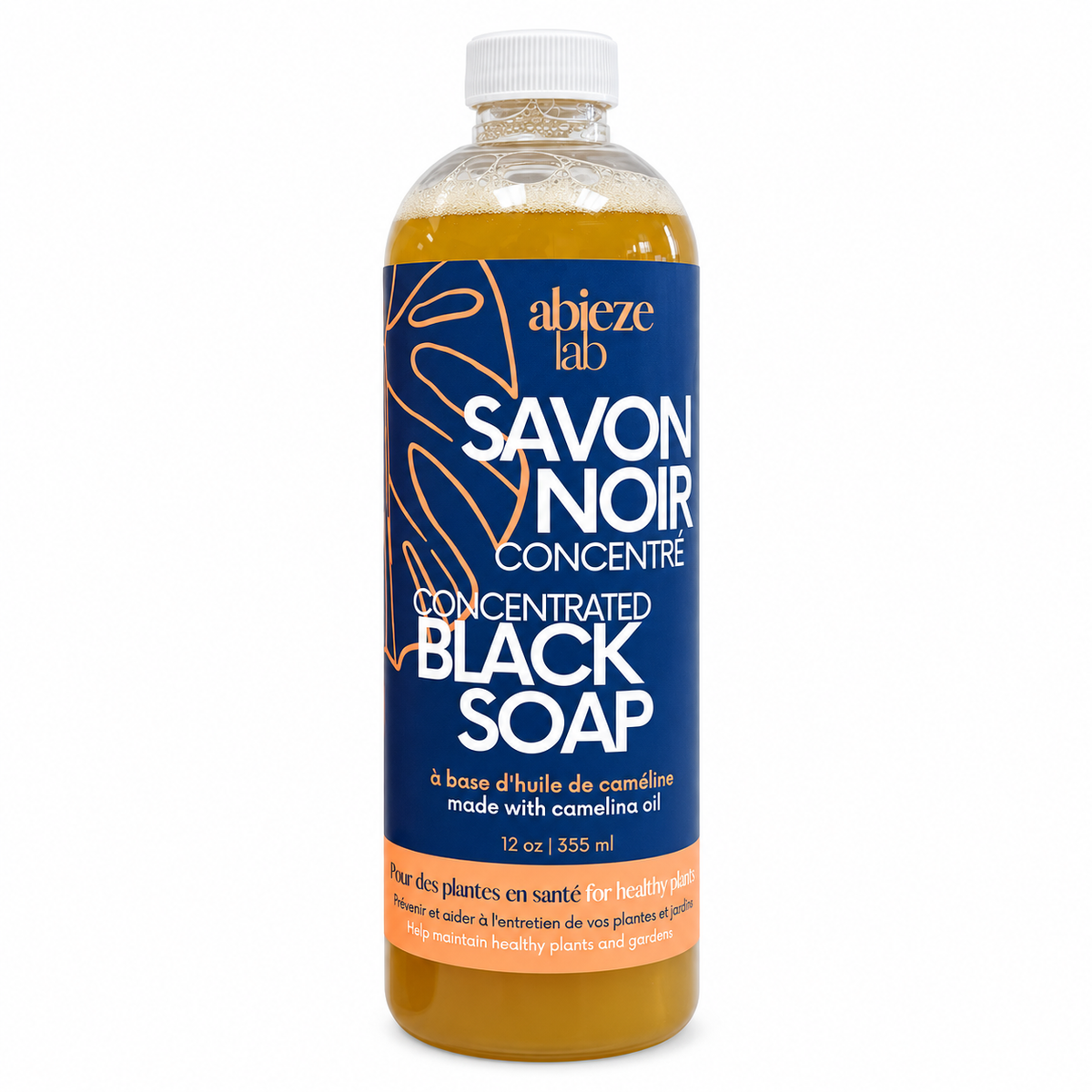 Savon noir concentré Abieze Lab à l'huile de caméline – 355 ml sur fond blanc pur