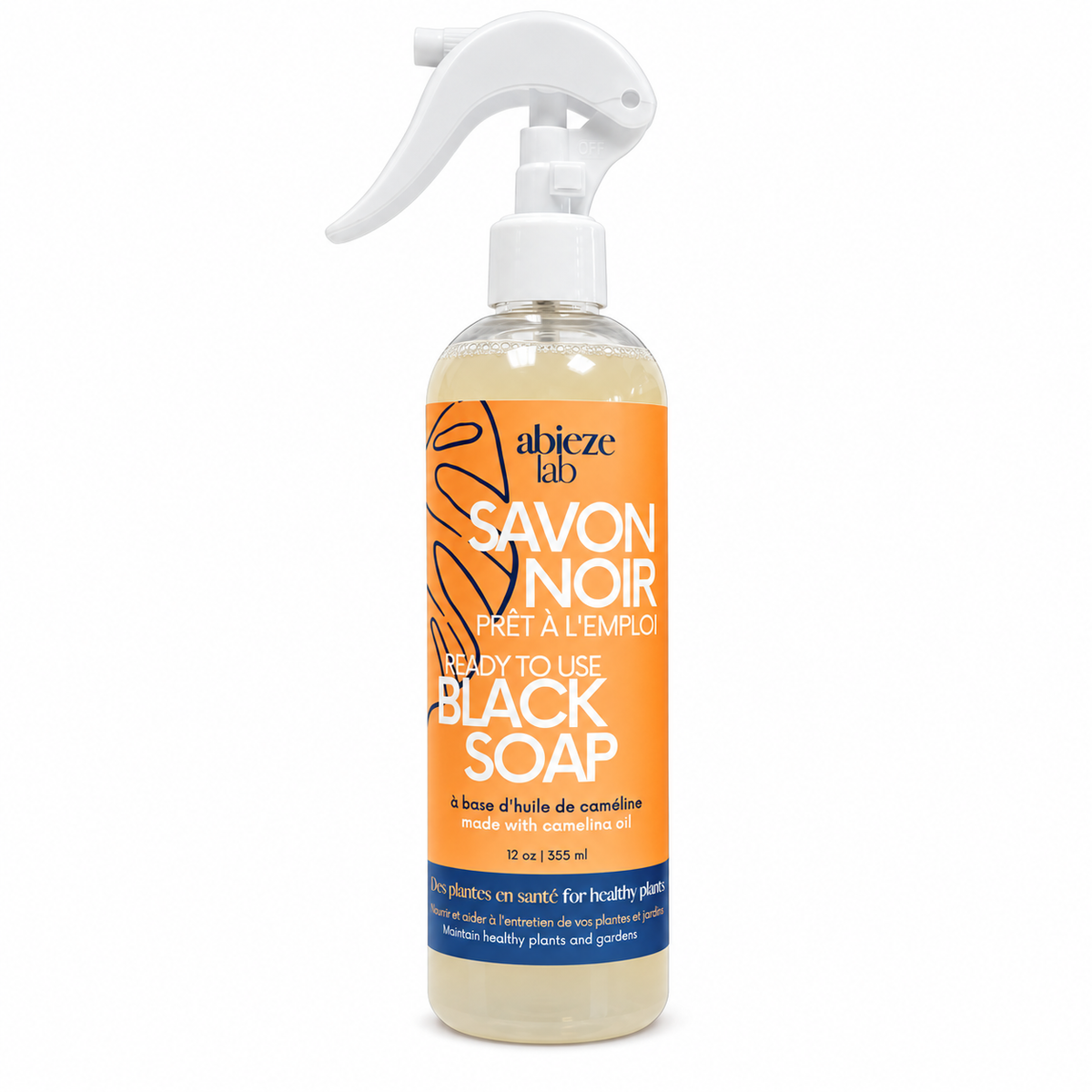 Savon noir prêt à l'emploi Abieze Lab à l'huile de caméline – 355 ml sur fond blanc pur