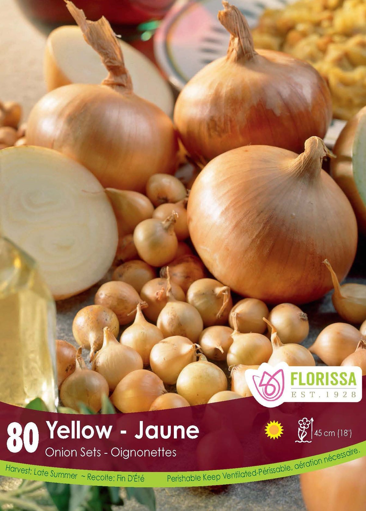 Oignon ‘Jaune’ ( Allium ) : des oignons jaunes entiers et coupés montrant leurs couches intérieures. Le visuel Florissa présente la plante et son nom dans la partie inférieure de l’étiquette. La photographie occupe presque toute la surface, tandis que le bandeau du bas rassemble les indications du produit. Cette vue permet de reconnaître son apparence et de distinguer la variété présentée.