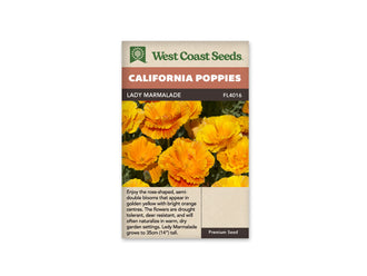 Sachet Lady Marmalade de West Coast Seeds sur fond blanc. La photo montre de grandes fleurs jaune doré aux centres orange, avec plusieurs rangs de pétales plissés. Du feuillage vert apparaît entre les corolles et un bouton fermé se voit au bas de l’image. Le bandeau orange indique California Poppies, et la bande brune Lady Marmalade, code FL4016.
