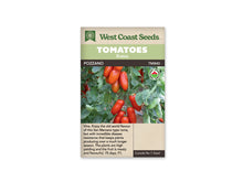 Sachet West Coast Seeds portant les mentions Tomatoes, Roma et Pozzano. La photo montre plusieurs bouquets de tomates rouges allongées, suspendus à des tiges parmi de nombreuses feuilles vertes. Quelques fruits sont encore orange. Un logo biologique rond apparaît à droite. Le nom et le code TM840 figurent sous les bandeaux verts de la marque.
