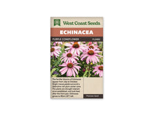 Sachet Purple Coneflower de West Coast Seeds sur fond blanc. La photo montre des fleurs rose mauve aux longs pétales qui entourent des cônes bruns et orangés. Les tiges et les feuilles vertes remplissent le fond. Le bandeau orangé porte Echinacea, puis une bande brune affiche Purple Coneflower et le code FL2482.