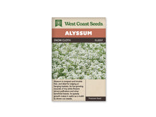 Sachet de semences d’alysse Snow Cloth de West Coast Seeds sur fond blanc. La photo centrale montre une masse de petites fleurs blanches au-dessus de tiges et de feuilles vertes. Le nom Snow Cloth et la référence FL2037 figurent sous le bandeau Alyssum. Des renseignements en anglais sont imprimés au bas de l’emballage beige.
