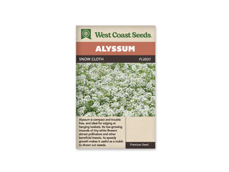 Sachet de semences d’alysse Snow Cloth de West Coast Seeds sur fond blanc. La photo centrale montre une masse de petites fleurs blanches au-dessus de tiges et de feuilles vertes. Le nom Snow Cloth et la référence FL2037 figurent sous le bandeau Alyssum. Des renseignements en anglais sont imprimés au bas de l’emballage beige.