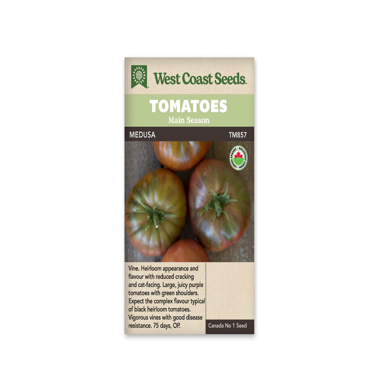 Sachet West Coast Seeds portant les mentions Tomatoes, Main Season et Medusa. La photo montre de grosses tomates brun pourpre, lobées, avec des épaules vertes et des pédoncules, sur une surface de bois. Un logo biologique rond apparaît à droite. Le nom et le code TM857 sont placés sous les bandeaux verts de la marque.