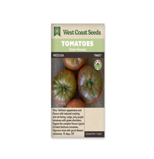 Sachet West Coast Seeds portant les mentions Tomatoes, Main Season et Medusa. La photo montre de grosses tomates brun pourpre, lobées, avec des épaules vertes et des pédoncules, sur une surface de bois. Un logo biologique rond apparaît à droite. Le nom et le code TM857 sont placés sous les bandeaux verts de la marque.