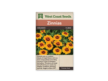 Sachet West Coast Seeds Soleado illustré de nombreuses fleurs simples orange et jaunes. Les pétales entourent un anneau rouge brun et un centre plus foncé. Des boutons et des feuilles vertes se mêlent aux fleurs. Le nom Soleado se trouve sur le bandeau brun, entre le titre orange et la photographie.