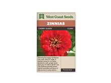 Sachet West Coast Seeds Cherry Queen, avec une grande fleur rouge vue de face. Ses pétales larges et superposés entourent un centre sombre où apparaissent de petites fleurs jaunes. Le fond est formé de feuilles vertes. La photo est encadrée par le bandeau du nom au-dessus et le texte beige au-dessous.