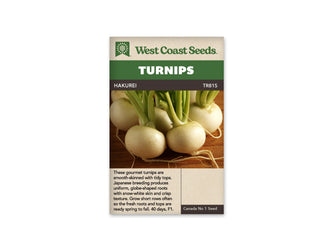 Sachet West Coast Seeds Hakurei illustré de navets blancs ronds posés sur une surface de bois. De fines racines courbées prolongent les bulbes clairs, et des pétioles verts se rejoignent vers le haut. Le nom Hakurei apparaît dans le bandeau brun, au-dessus de la photo et sous le titre blanc sur fond vert.