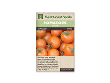 Sachet West Coast Seeds portant les mentions Tomatoes, Cherry et Sungold. La photo présente un groupe de tomates rondes orange vif, dont plusieurs gardent leur petit calice vert. Les fruits remplissent presque toute l’image. Le nom Sungold et la référence TM786 sont inscrits sur une bande foncée, sous le bandeau vert du sachet.
