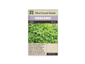 Sachet d’origan grec biologique West Coast Seeds présenté de face sur fond blanc. La photographie montre un feuillage vert dense de petites feuilles ovales. Le bandeau mauve porte OREGANO, et GREEK apparaît sur la bande foncée. Un petit logo biologique est visible près de l’image, au-dessus de la description anglaise dans la partie beige inférieure.