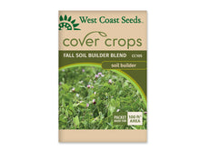 Sachet beige et vert West Coast Seeds de la gamme Cover Crops, portant le nom anglais Fall Soil Builder Blend et le code CC105. La photo centrale montre un couvert vert mêlant des feuilles, des vrilles et des fleurs de pois roses à centre sombre. Un encadré vert et blanc dans le coin inférieur droit annonce une couverture de 100 pieds carrés. Le sachet est présenté sur fond blanc.