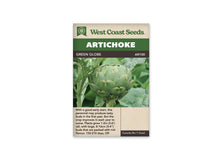 Sachet de semences d’artichaut Green Globe de West Coast Seeds, photographié de face sur fond blanc. Le nom anglais du légume apparaît dans un bandeau vert, avec la référence AR100 sous celui-ci. La grande photographie montre un bouton vert arrondi encore fermé sur sa tige, entouré de feuilles. La partie inférieure beige contient des renseignements de culture imprimés en anglais.