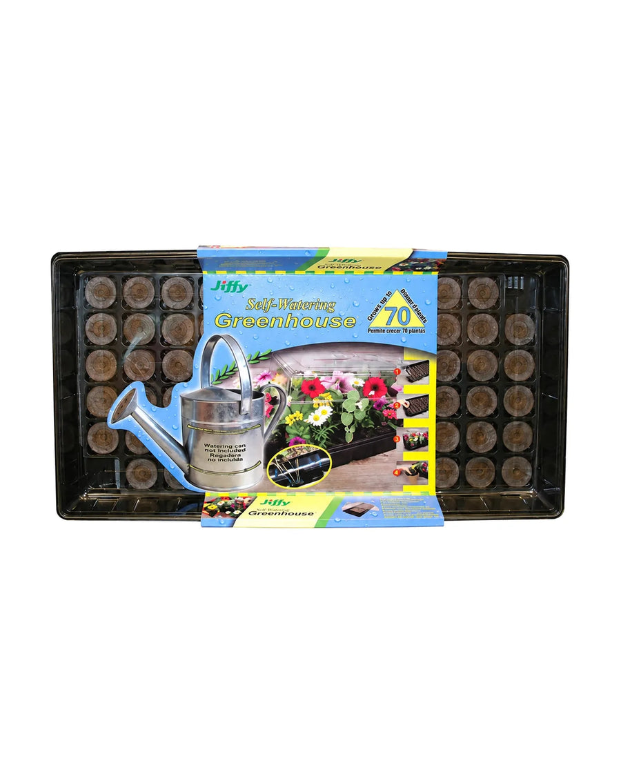 Mini-serre auto-irrigante Jiffy de 70 cellules avec boulettes de tourbe et emballage, sur fond blanc.