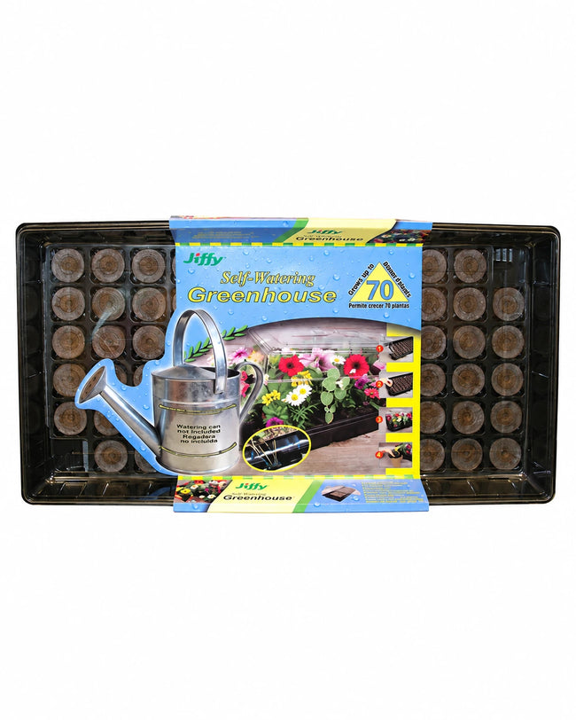 Mini-serre auto-irrigante Jiffy de 70 cellules avec boulettes de tourbe et emballage, sur fond blanc.