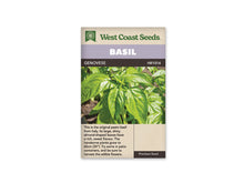 Sachet West Coast Seeds de Basilic ‘Genovese’, présenté de face sur fond blanc. De grandes feuilles vertes et brillantes occupent la photographie centrale. Leurs nervures se distinguent sur des surfaces légèrement bombées, autour de jeunes pousses plus claires au sommet des tiges. Un bandeau mauve indique BASIL, au-dessus du nom imprimé sur fond foncé. Le bas beige contient un texte descriptif en anglais.