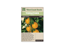 Sachet West Coast Seeds avec les mentions Tomatoes, Cherry et Sweet Gold. La photo montre plusieurs tomates rondes jaune vif encore attachées à leurs tiges, parmi des feuilles vertes. Le nom Sweet Gold et la référence TM859 apparaissent sur une bande foncée. Le logo vert de la marque est placé au sommet du sachet.