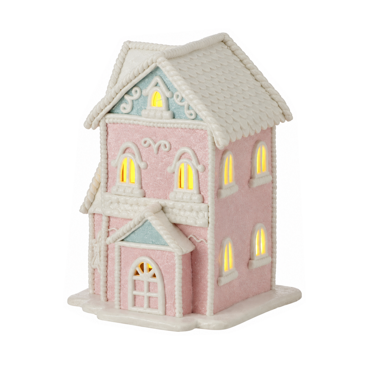 Maison de Noël lumineuse aux friandises – Rose, pignon bleu