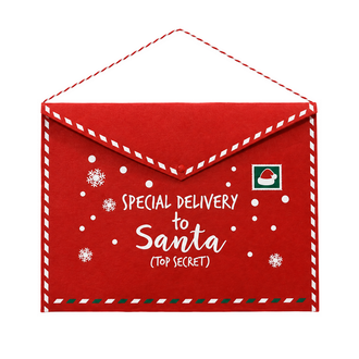 Lettre décorative de Noël rouge Special Delivery to Santa, motif de flocons, timbre vert et cordon rouge et blanc