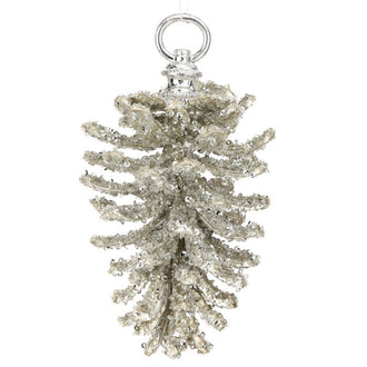 Ornement pomme de pin pailleté givré – Platine – 7 po