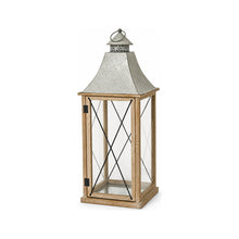 Lanterne de Noël en bois et verre à croisillons – Bois naturel et gris – 30 × 30 × 84 cm