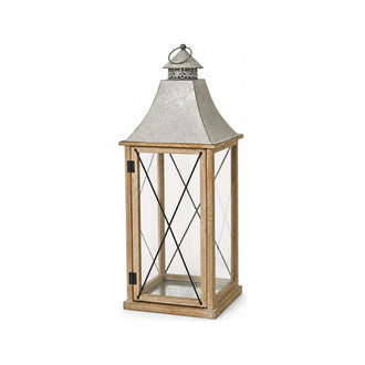 Lanterne de Noël en bois et verre à croisillons – Bois naturel et gris – 30 × 30 × 84 cm